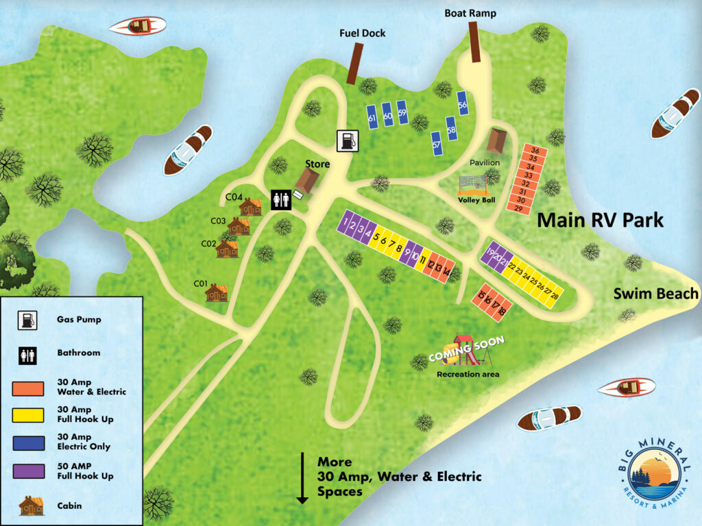 Cabin rentals and RV Park map at Big Mineral Resort and Marina